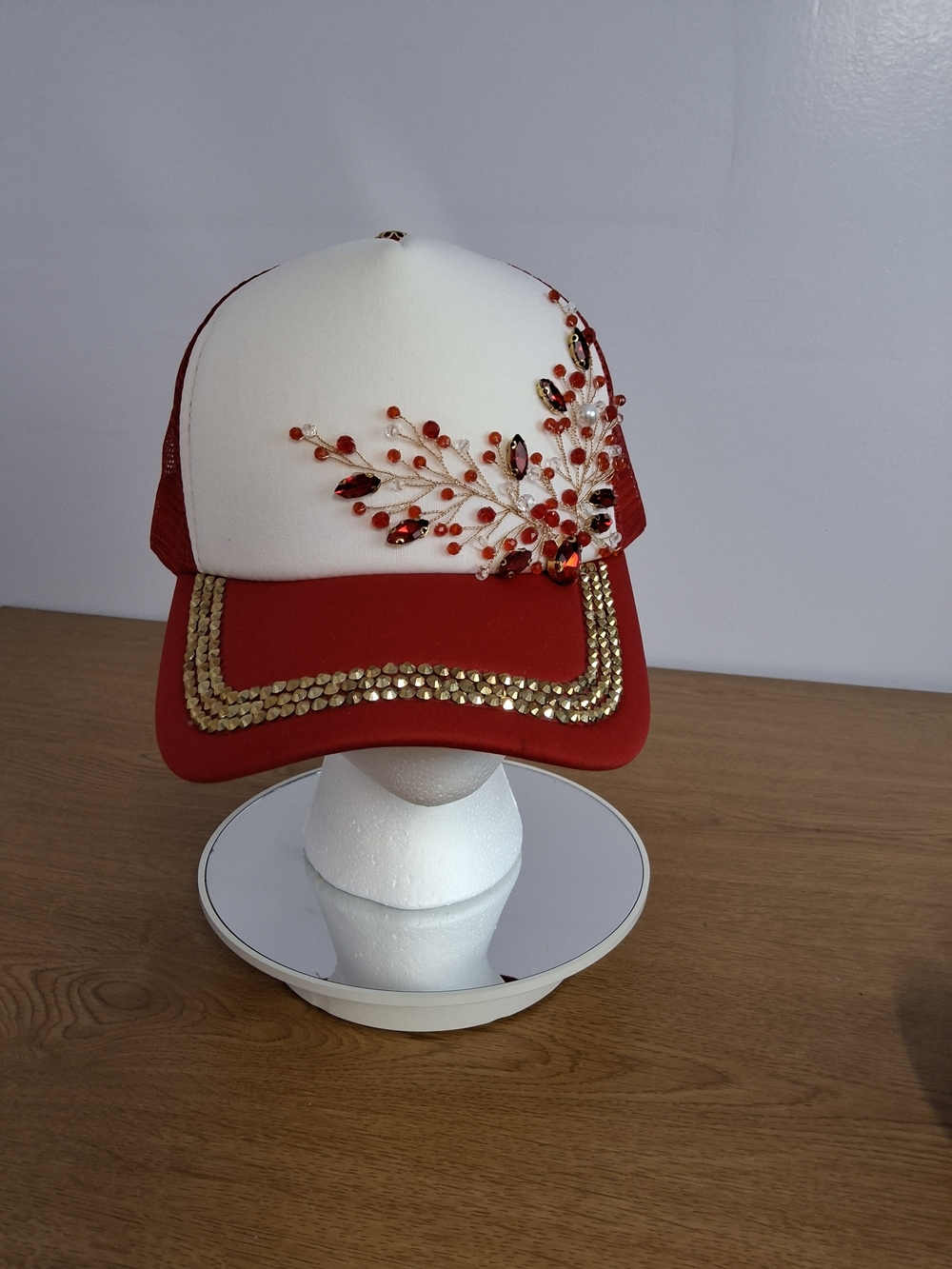 Womens Gorgeous Handcrafted Red and White Embellished Trucker Cap Adjustable